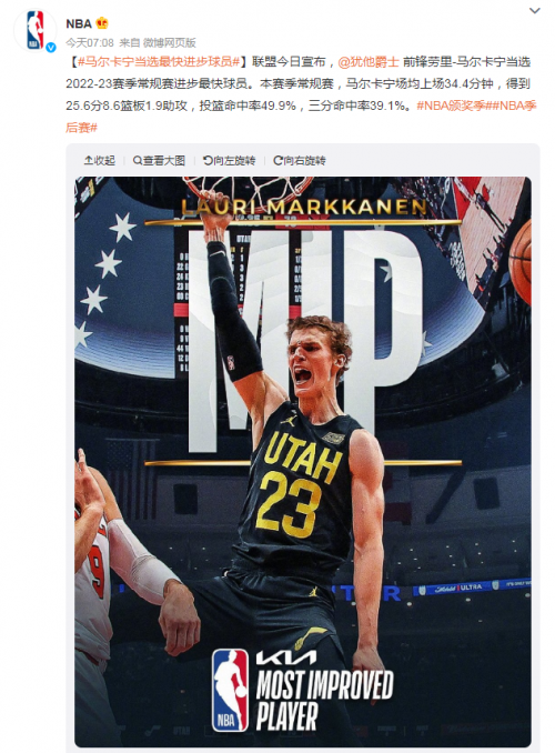 马尔卡宁当选最快进步球员！美家电视为您带来NBA本周直播赛程